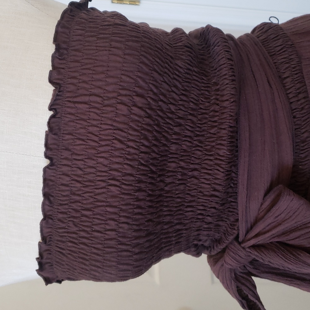 💐 Vintage Boho Brown Strapless Dress • Gauzy Cotton Smocked Bodice Tiered SMALL - Picture 7 of 11